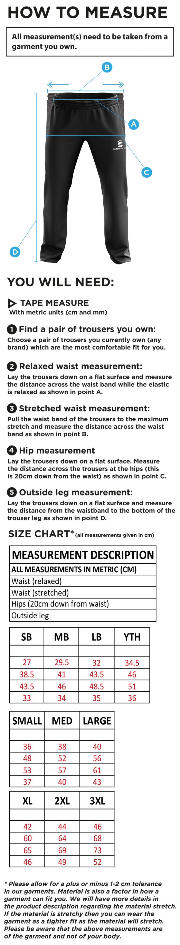 KNIGHTS CC Rip Stop Track Pant : Navy - Size Guide