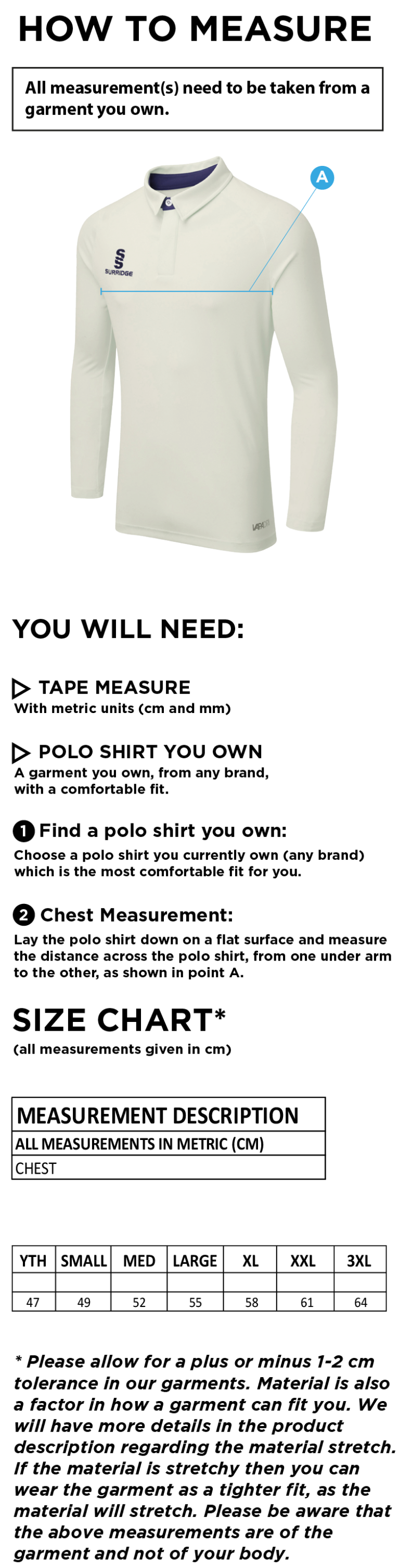 Knights CC - Ergo L/S Cricket Shirt - Size Guide