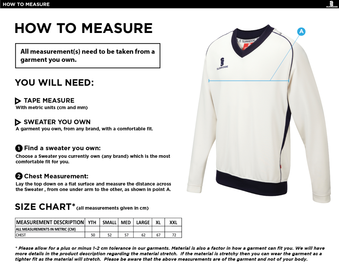 Knights CC - Long Sleeved Sweater - Size Guide