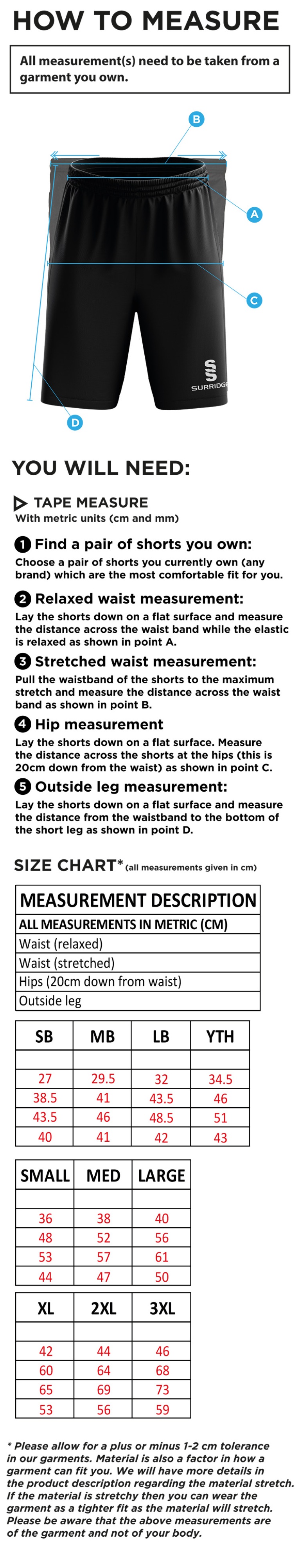 Knights CC - Blade Training Shorts - Size Guide