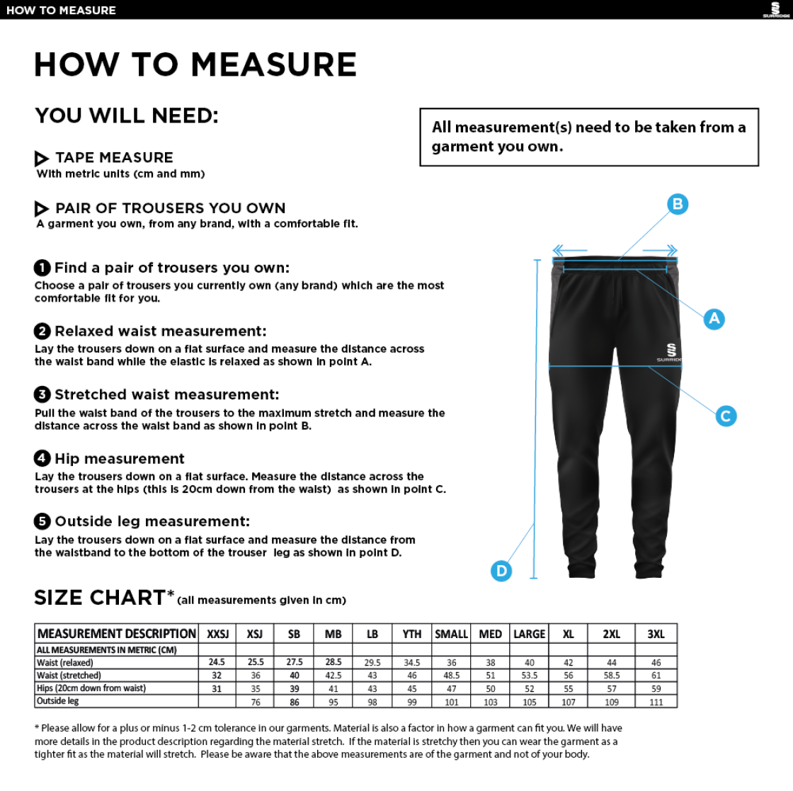 Knights CC - Tek Pants - Size Guide