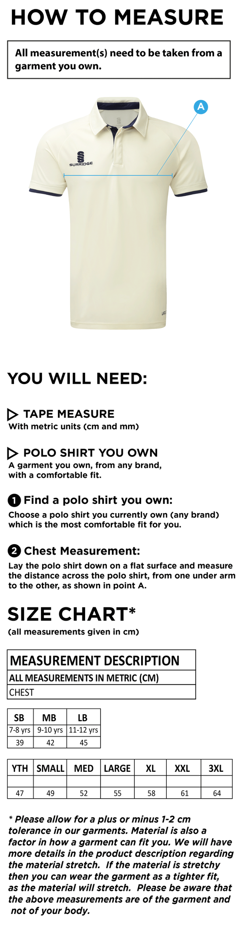 Knights CC - Ergo S/S Cricket Shirt - Size Guide