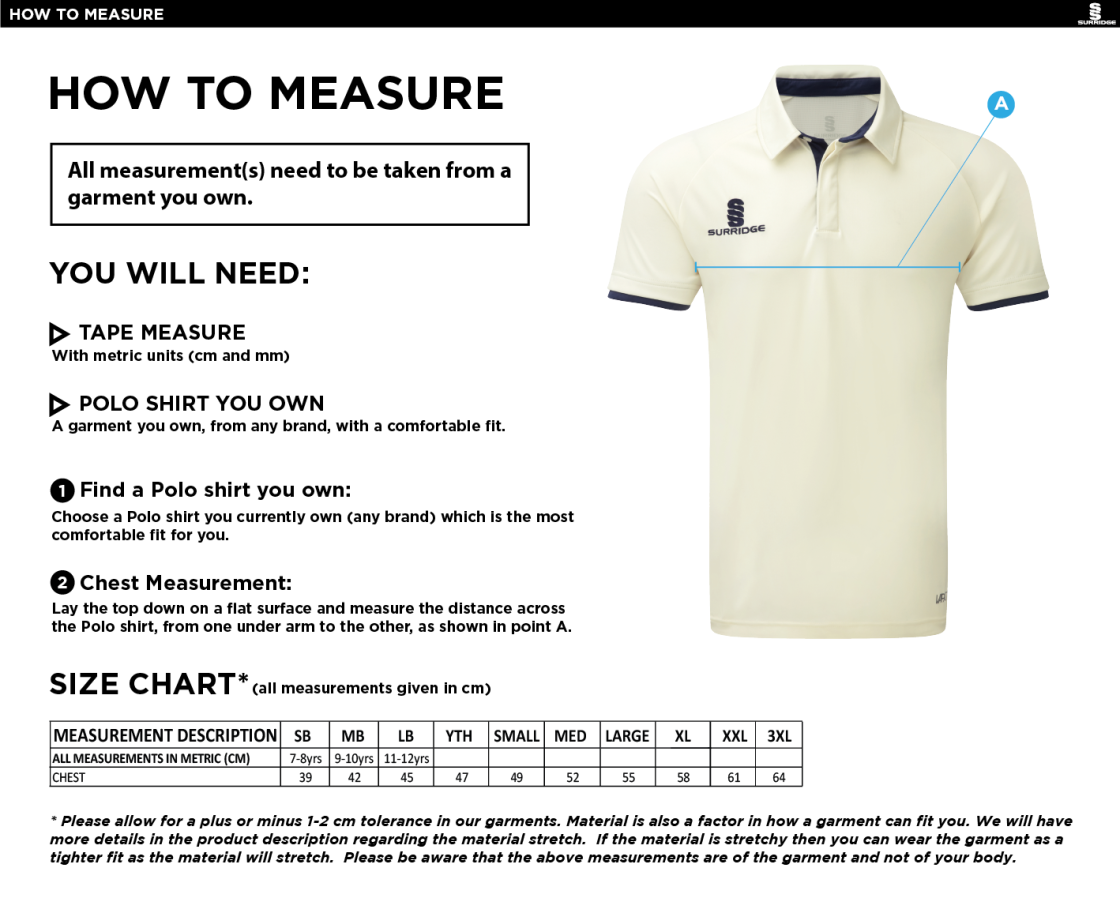 Knights CC - Ergo S/S Cricket Shirt - Size Guide