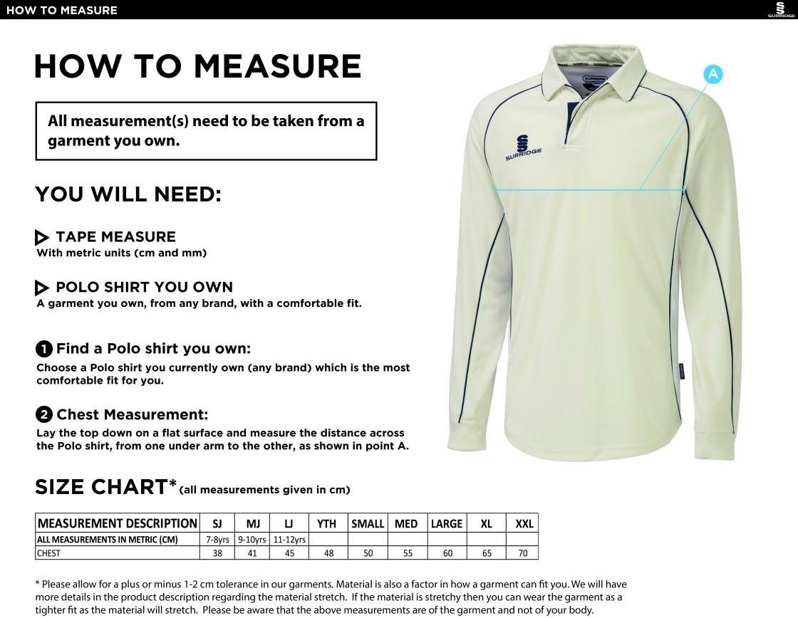 Knights CC - Long Sleeve Premier Cricket Shirt - Size Guide
