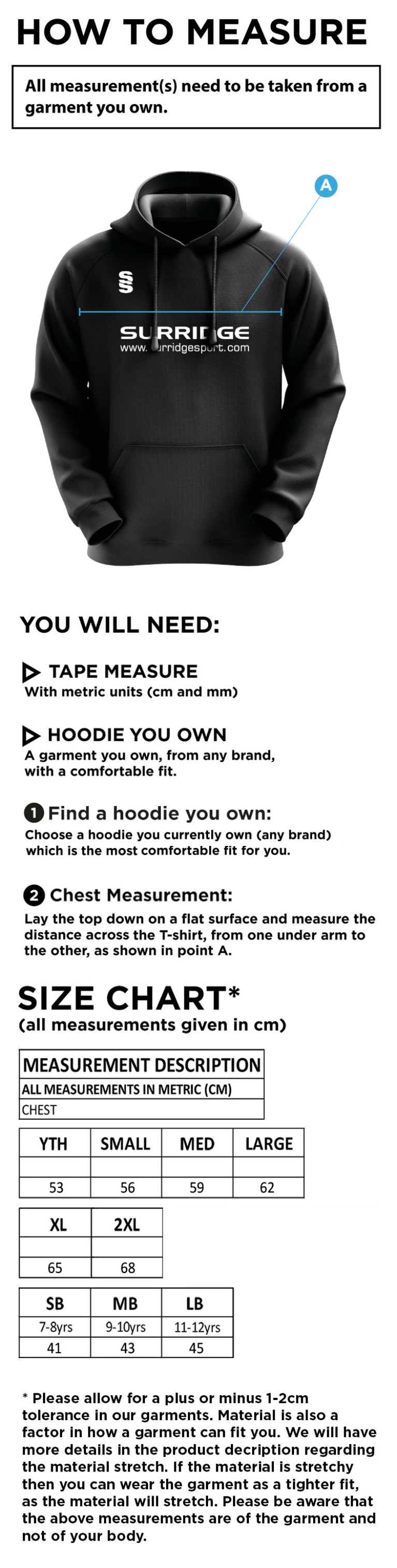 Knights CC - Blade Hoody - Size Guide