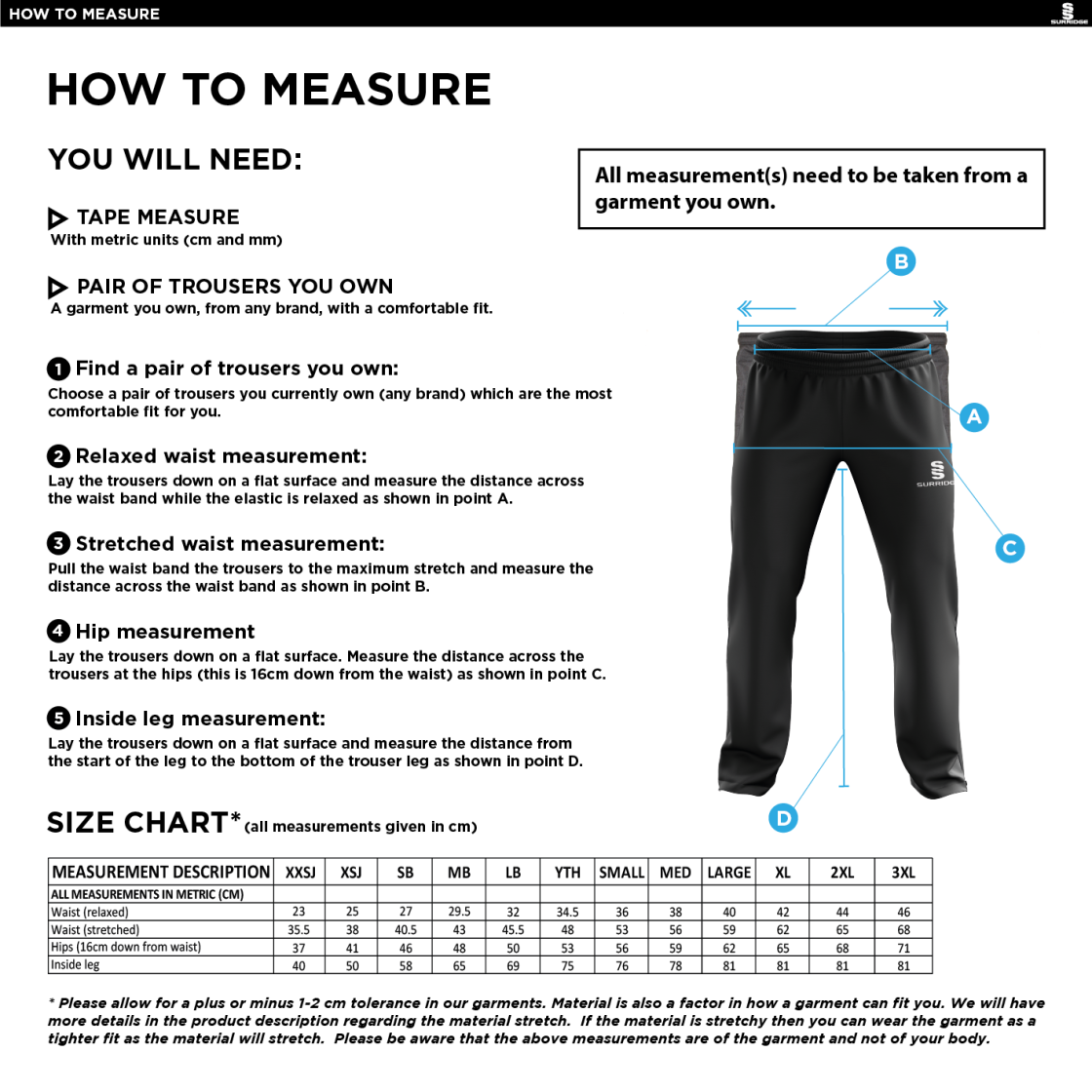 Knights CC - Poplin Track Pant - Size Guide