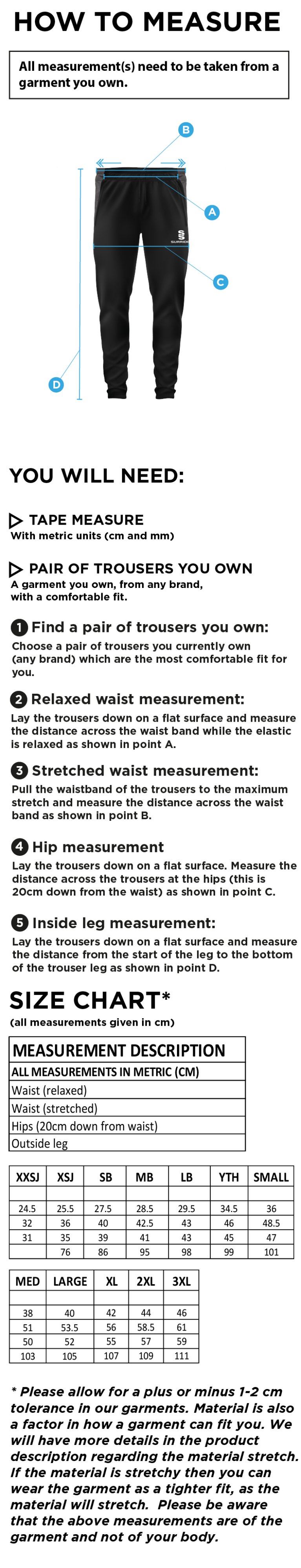 Knights CC - Tek Pants - Size Guide