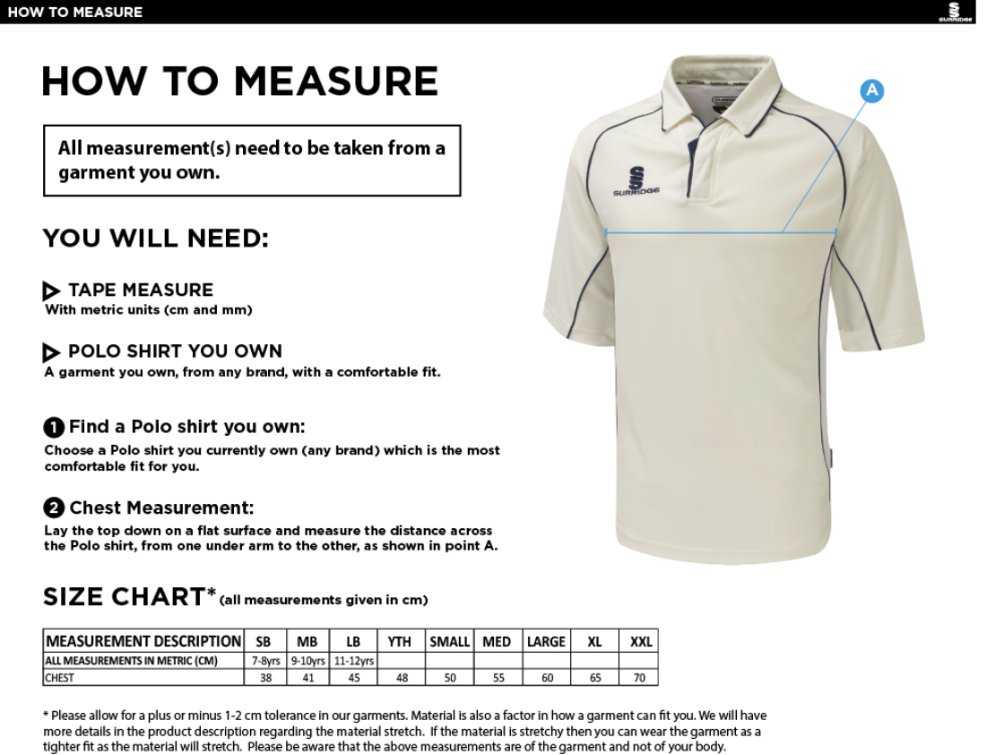 Knights CC - 3/4 Sleeve Premier Cricket Shirt - Size Guide