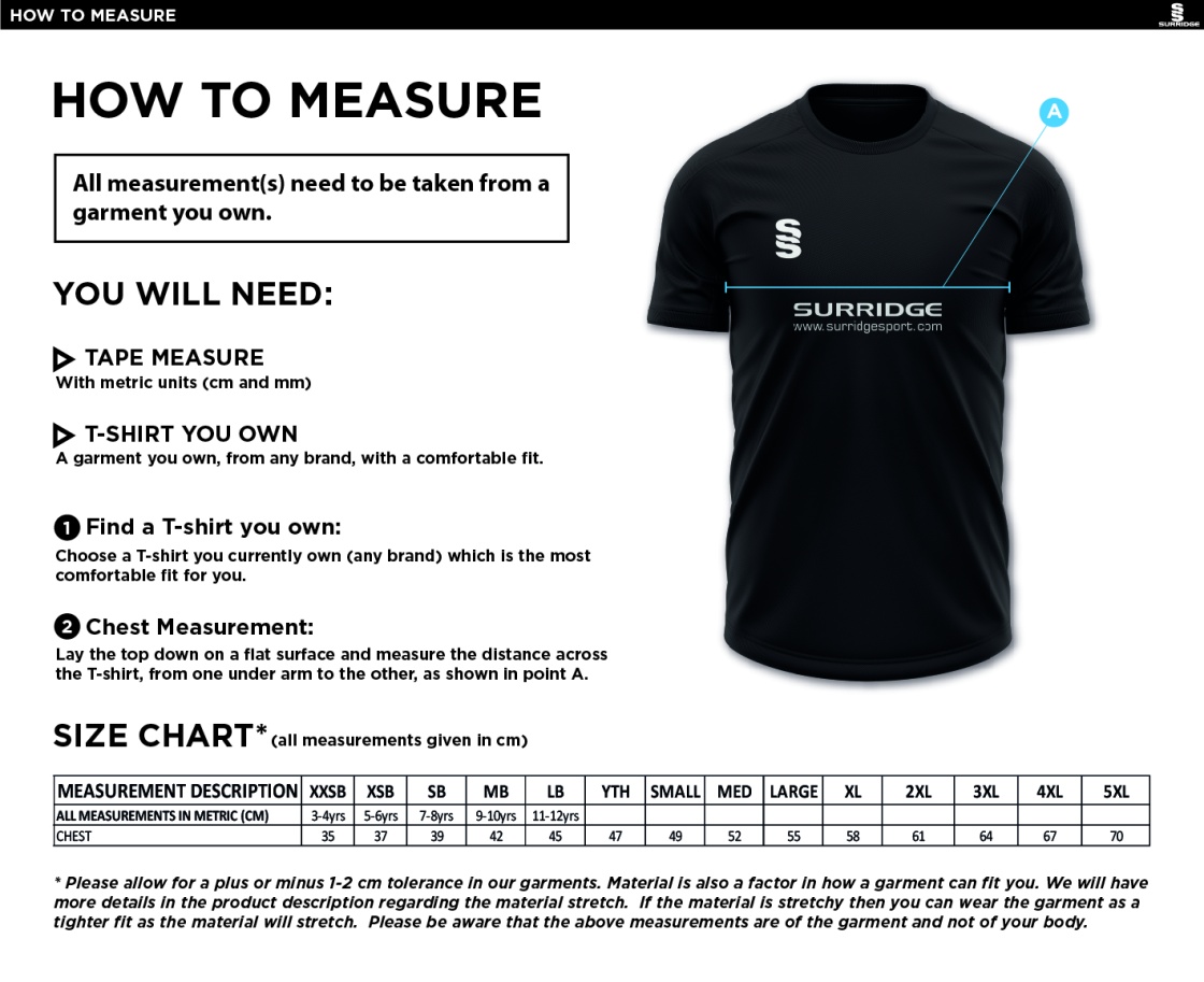 Knights CC - Blade Training Shirt - Size Guide