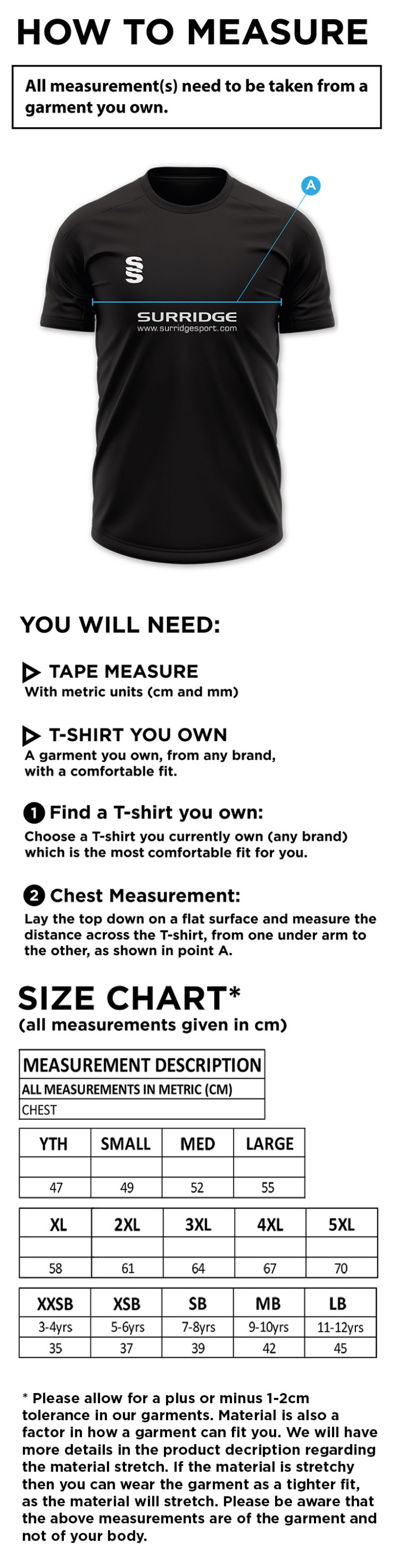 Knights CC - Blade Training Shirt - Size Guide
