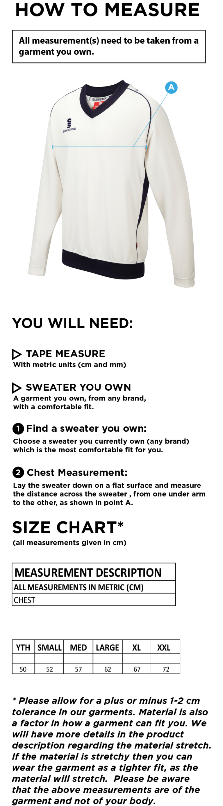 Knights CC - Long Sleeved Sweater - Size Guide