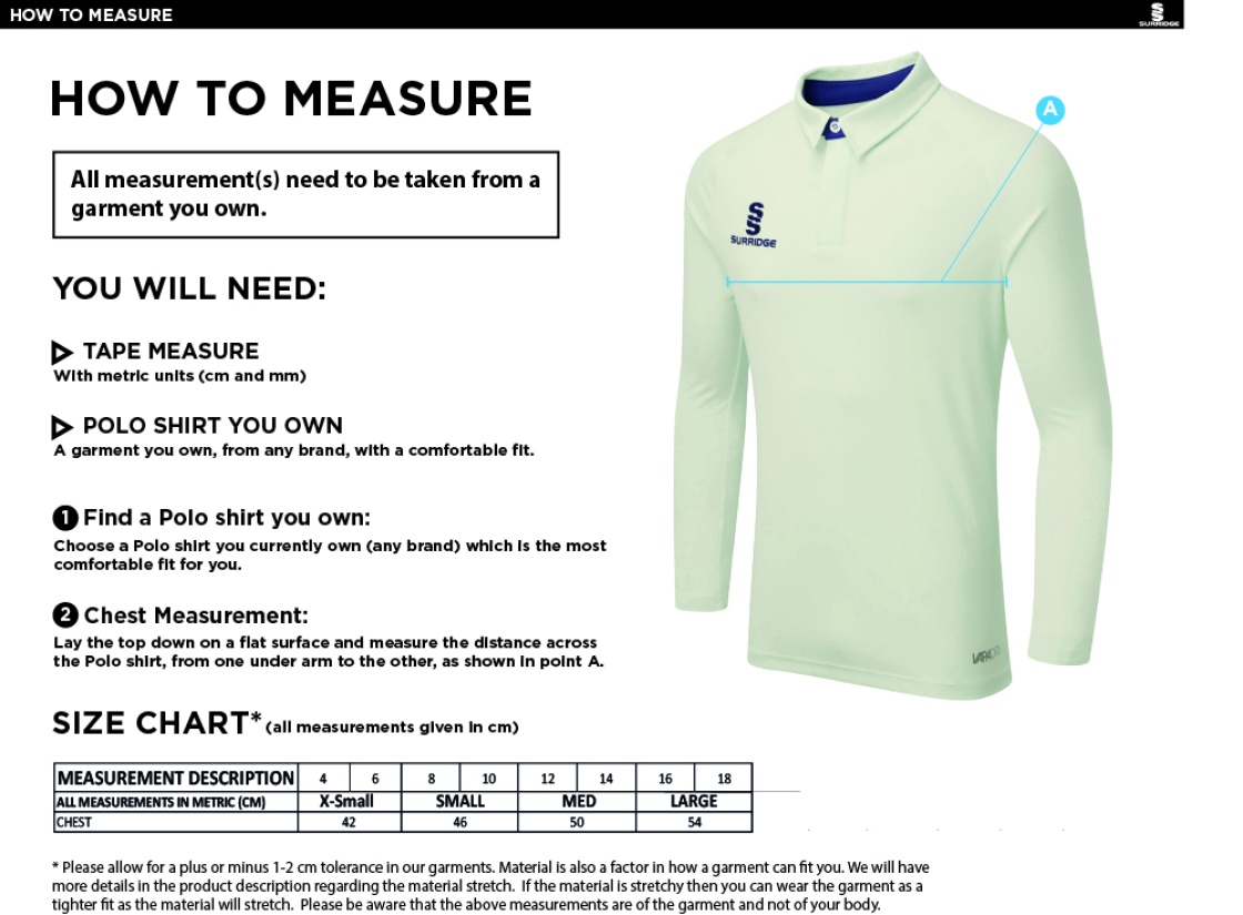 knights cc DUAL LONG SLEEVE CRICKET SHIRT (WOMENS)-Ivory - Size Guide