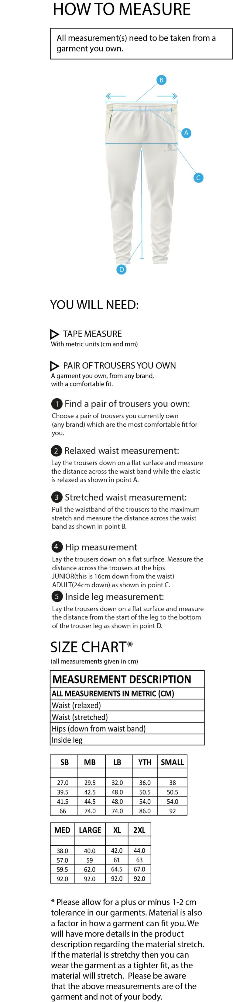 Knights CC - Ergo Playing Pant - Size Guide