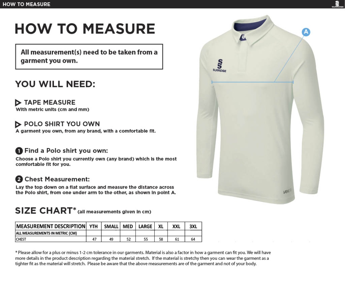 Knights CC - Ergo L/S Cricket Shirt - Size Guide
